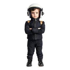 Young Child in Racing Suit with Helmet Pose