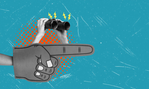 Modern art collage depicting hands holding binoculars and hands pointing in a direction on a blue background with space for text.