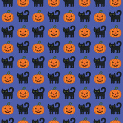 Halloween cartoon seamless pattern. Cute black cat, orange pumpkin. Animal holidays character. Vector.
