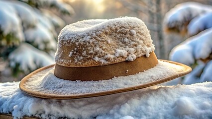 Snow-coated hat sits atop a worn felt hat, its intricate texture and shape molded by winter's subtle touch.