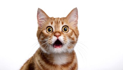 Obraz premium Angry and surprised cat isolated on a transparent PNG background with a funny and excited expression, wide eyes and open mouth, capturing a humorous and animated moment in feline behavior.