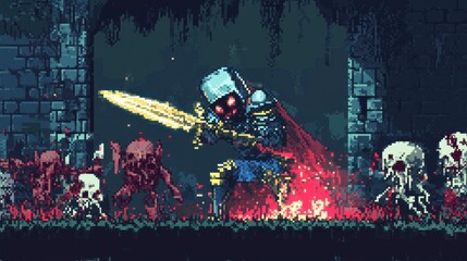 Pixelated Knight Facing Enemies in a Dark, Glowing Dungeon