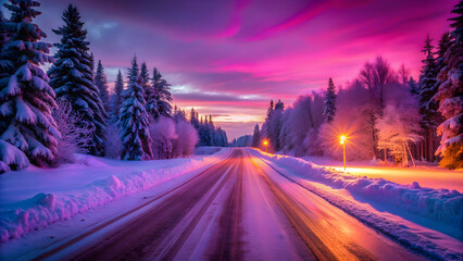 Fototapeta premium Snow-covered road illuminated by vibrant pink and purple lights at sunset , winter, landscape, scenic, cold, snowy, road