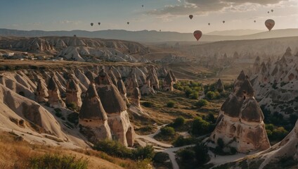Beautiful cappadocia dawn with numerous hot air balloons creating a picturesque display over the unique terrain