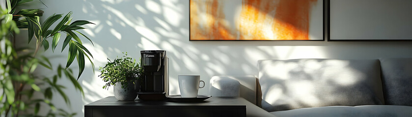 A Modern Living Room with a Coffee Maker on a Side Table, Sunbeams Casting Shadows on the Wall