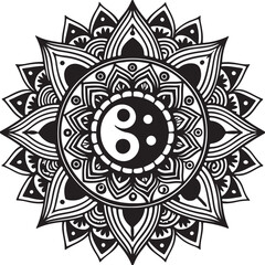 Detailed black and white mandala illustration of a flower in a symmetrical design