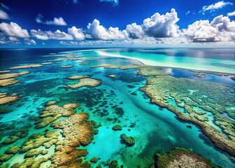 Obraz premium Spectacular turquoise waters, vibrant coral reefs, and sugar-white sandy beaches of the Coral Sea, off the coast of Queensland, Australia, showcasing marine life and serenity.