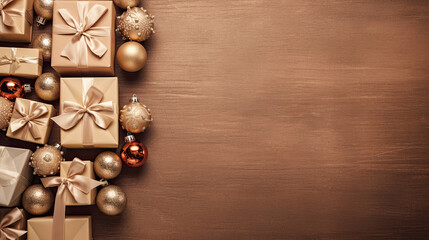 Top view of gifts, bows and Christmas decorations on a tan wooden background