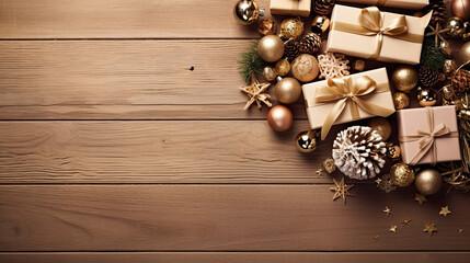 Top view of gifts, bows and Christmas decorations on a beige wooden background