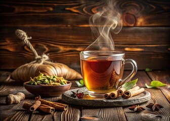Steaming cup of aromatic spiced tea, adorned with cardamom pods and ginger, against a warm, rustic wooden backdrop, evoking cozy Himalayan hospitality.
