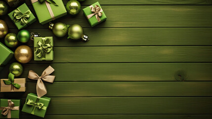 Top view of gifts, bows and Christmas decorations on a olive green wooden background