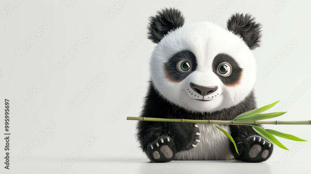 Poster A cute cartoon panda holding a stick of bamboo on a white background.