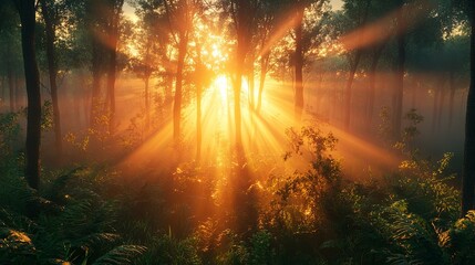 Obraz premium Sunbeams Piercing Through a Misty Forest