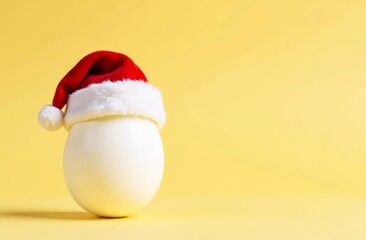 Fototapeta premium White egg in Santa hat stands on left side on yellow background with copy space. Christmas celebrating concept.