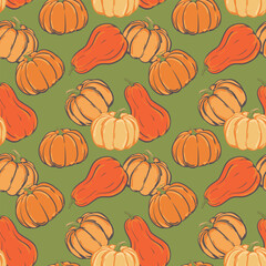 Autumn seamless pattern for textiles textile. Vector orange and yellow pumpkins pumpkin in flat style. Illustration for seasonal autumn holidays, halloween, thanksgiving, harvest.