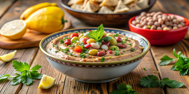 Fava beans dip, a traditional Egyptian and Middle Eastern food known as foul medames , Fava beans