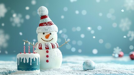 A snowman with a hat and scarf stands next to a birthday cake with candles.