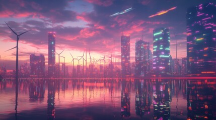 Naklejka premium A captivating dusk scene of a city with illuminated eco-buildings and wind turbines, with the reflective surface of a serene lake capturing the lights and colors of the vibrant urban landscape