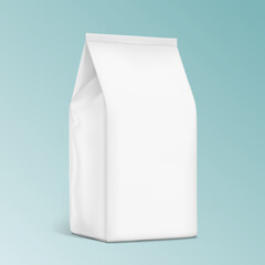 Vertical bag mockup. Flat bottom bag. Half side view. High realistic. Vector illustration on colour background. Ready for use in presentation, promo, advertising and more. EPS10.