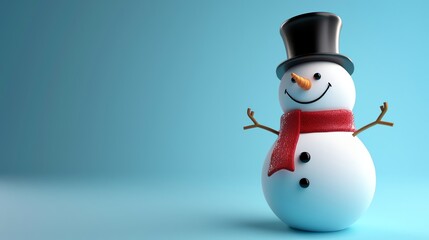 A snowman with a top hat and a red scarf.