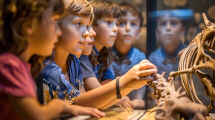 Children look at a dinosaur skeleton in a museum.