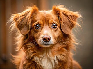 Fototapeta premium The fluffy, reddish-brown dog with a distinctive curled tail and attentive eyes gazes directly into the camera with eager expression.