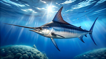 Obraz premium Close up of a marlin fish swimming gracefully in the deep blue sea, marlin, fish, ocean, underwater, marine life