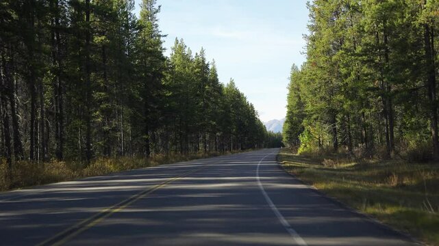 Scenic country mountain road in autumn color forest against blue sky. Bow Valley Parkway ( Highway 1A ), Banff National Park, Alberta, Canada. Canadian Rockies beautiful natural scenery.