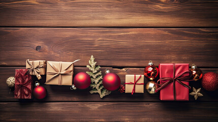Naklejka premium Top view of gifts, bows and Christmas decorations on a light maroon wooden background