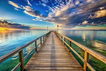 Obraz premium The historic wooden pier stretches out over the calm waters, offering serene views of the tranquil ocean and the vast blue horizon.