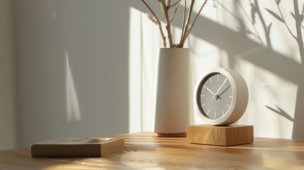 A clock and two vases on a wooden table.