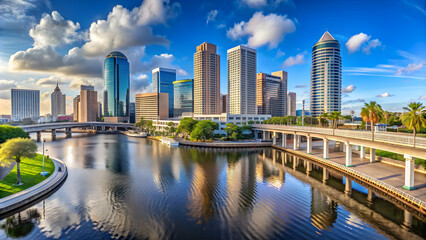 Fototapeta premium Panoramic view of Tampa's downtown skyline overlooking the Riverwalk and freeway, Tampa, Florida, skyline, downtown