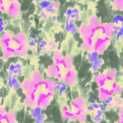 Blurry fuzzy floral seamless repeat pattern. Color blurred abstract flowers in trendy. Ink painted print for fabric