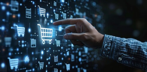 Obraz premium Digital business technology concept with businessman touching virtual store icon on hologram screen for online sales and marketing to create global network connection, black background