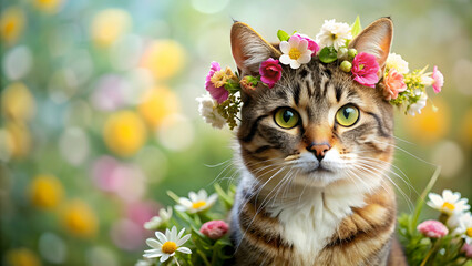 Cat with flowers 2D , cat, flowers, cute, pet, animal, artwork, nature, colorful, whimsical, garden, design, background