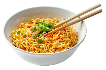 Instant noodles in white bowl isolated on white background.