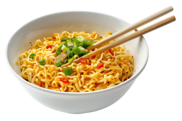 Instant noodles in white bowl isolated on white background.