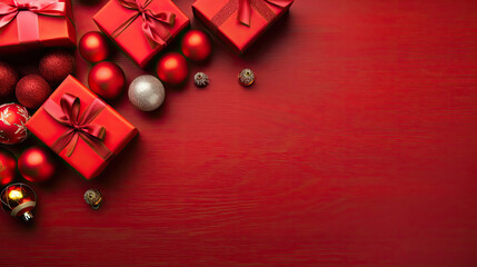 Top view of gifts, bows and Christmas decorations on a vivid red wooden background