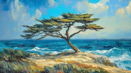 Obraz premium A lone tree stands on a rocky coastline as waves crash against the shore under a bright sunny sky