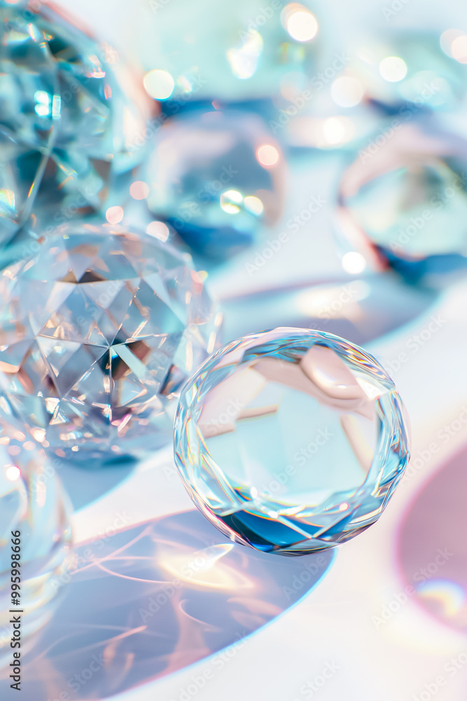 Poster various crystal orbs and geometric shapes are arranged artfully on a soft surface, capturing reflect