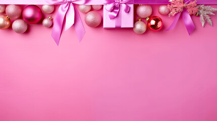 Fototapeta premium Top view of gifts, bows and Christmas decorations on a vivid pink wooden background