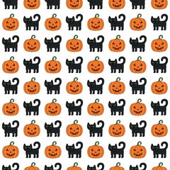 Halloween cartoon seamless pattern. Cute black cat, orange pumpkin. Animal holidays character. Vector.