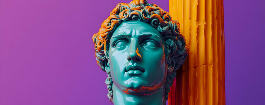 A Close-Up View of a Teal and Orange Sculpture of a Man's Head Against a Purple Background