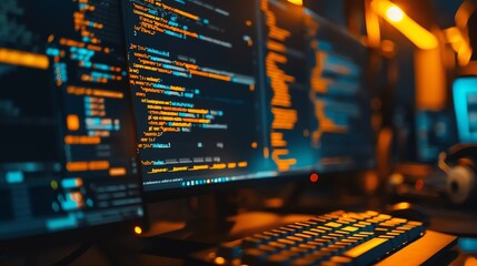 Close-up of computer screen with code in a dimly lit room.