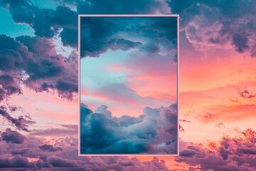 A soft watercolor sunset background with a floating frame