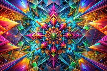Vibrant, abstract composition featuring intricate, intersecting shapes and lines in bold colors, creating a mesmerizing, futuristic visual effect with dynamic depth and texture.