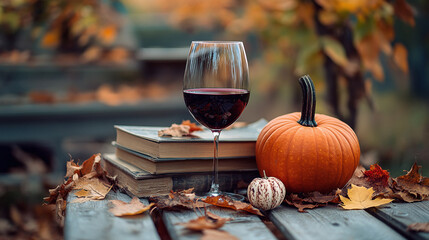 Obraz premium Glass of red wine on wooden table decorated with pumpkins, books and dried leaves outdoor. Autumn composition for Thanksgiving. Autumnal mood
