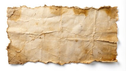 Old paper texture showing folded and ripped edges on white background