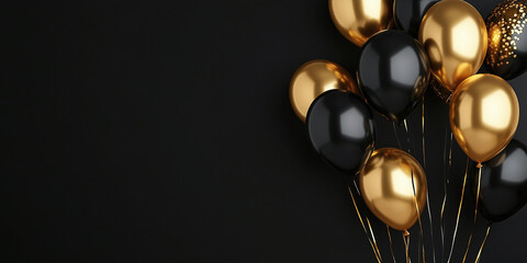 Gold and black balloons on black background