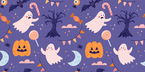 Halloween seamless pattern with cute pumpkins and ghosts. Vector illustration in flat style